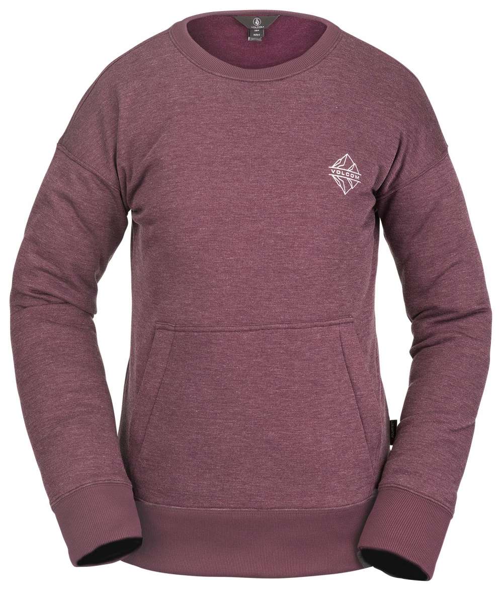 Volcom Women's Polartec Fleece Crew Neck Sweater 2022 - A heathered purple crew neck sweater with a small white logo on the left chest area.