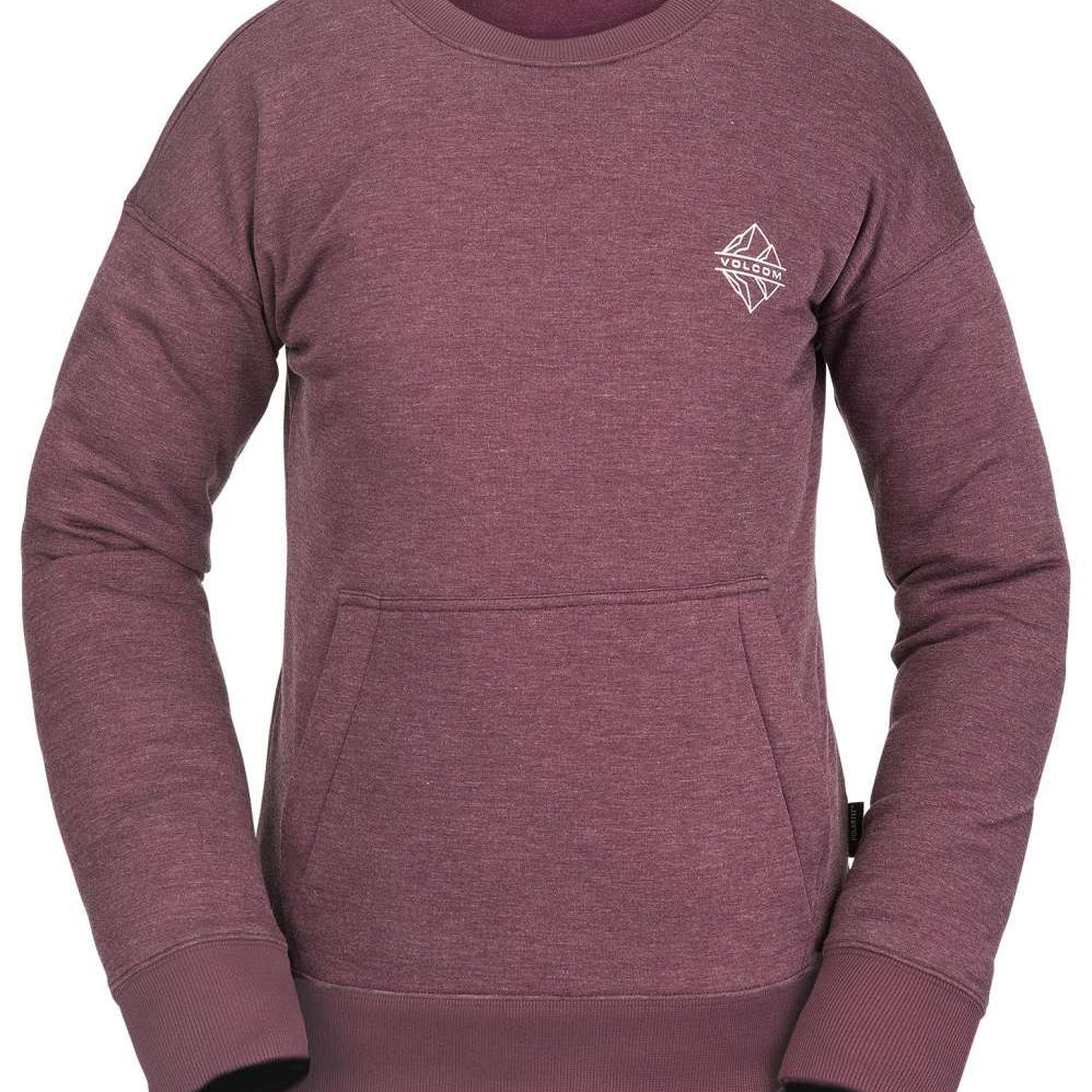 Volcom Women's Polartec Fleece Crew Neck Sweater 2022 - A heathered purple crew neck sweater with a small white logo on the left chest area.