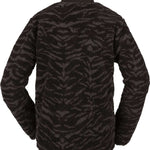 Volcom Women's Reversible Polar Jacket 2022 - A black jacket with a subtle, repeating pattern of small white snowflakes and trees on one side, and solid black on the other.