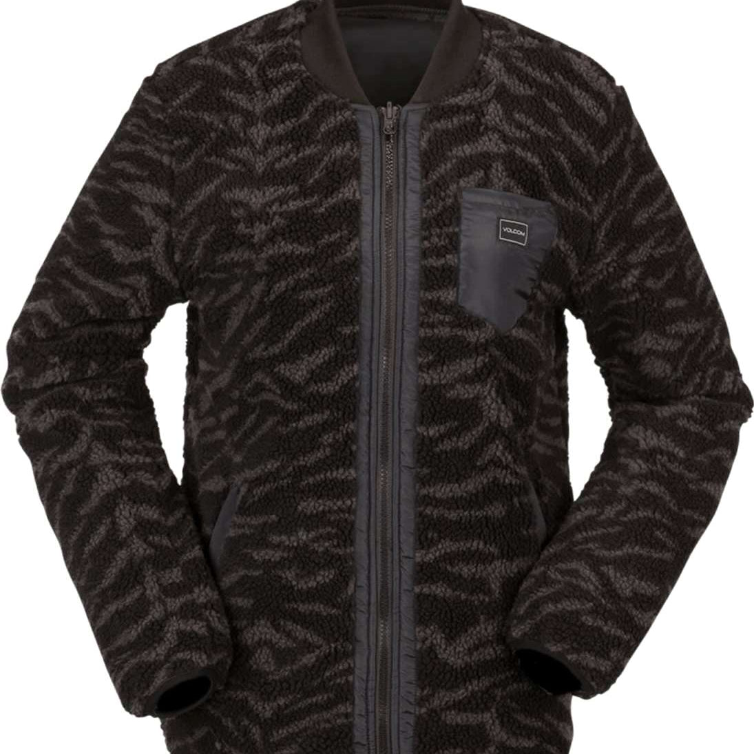 Volcom Women's Reversible Polar Jacket 2022 - A black and white reversible jacket with a zebra-like pattern on one side, featuring a zip-up front and two pockets.
