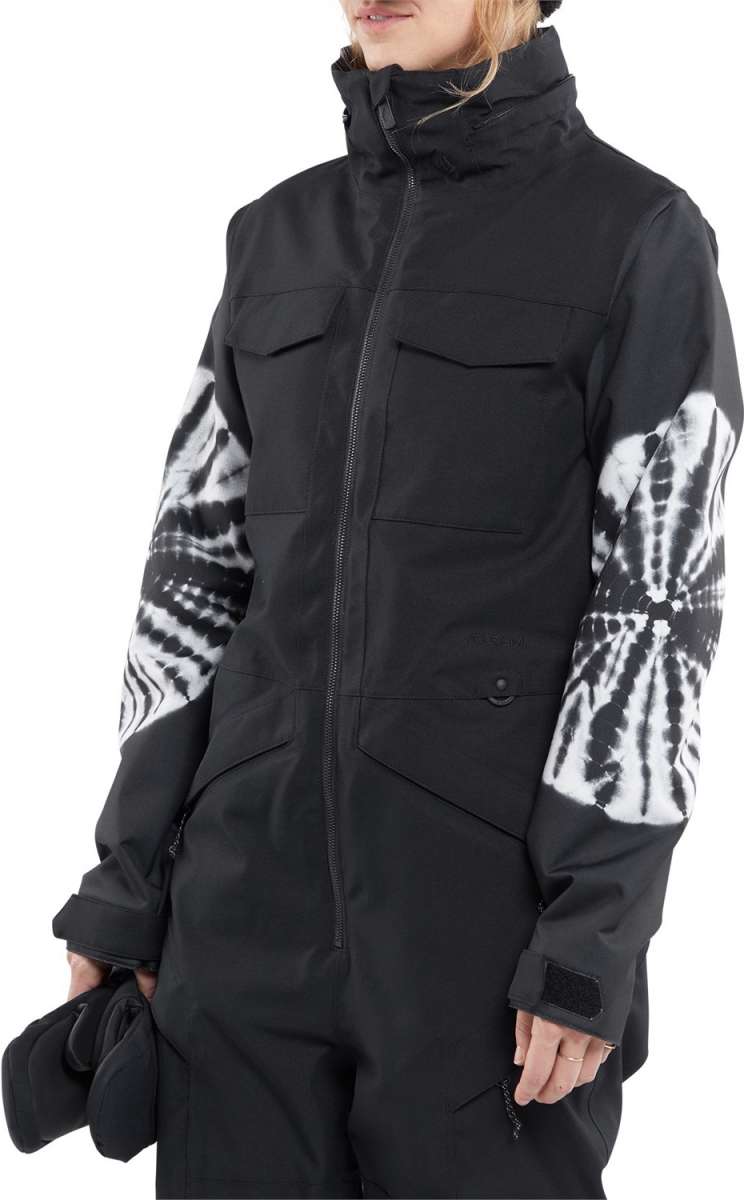 Volcom Women's Shiloh Snow Suit 2024 - Black snowsuit with white tie-dye pattern on sleeves and black straps at waist.