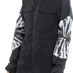 Volcom Women's Shiloh Snow Suit 2024 - Black snowsuit with white tie-dye pattern on sleeves and black straps at waist.