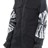Volcom Women's Shiloh Snow Suit 2024 - Black snowsuit with white tie-dye pattern on sleeves and black straps at waist.