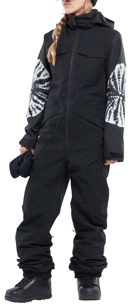 Volcom Women's Shiloh Snow Suit 2024 - Black snowsuit with white tie-dye pattern on sleeves and hood.