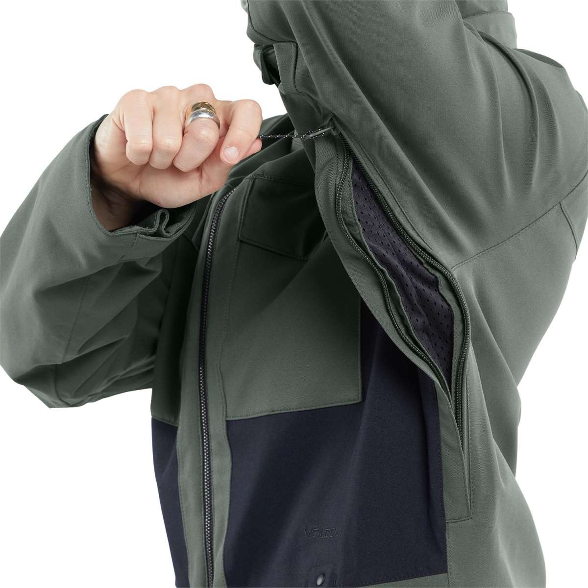 Volcom Women's Shiloh Snow Suit 2024 - A dark green snow suit with a black stripe on the left sleeve and a white logo.