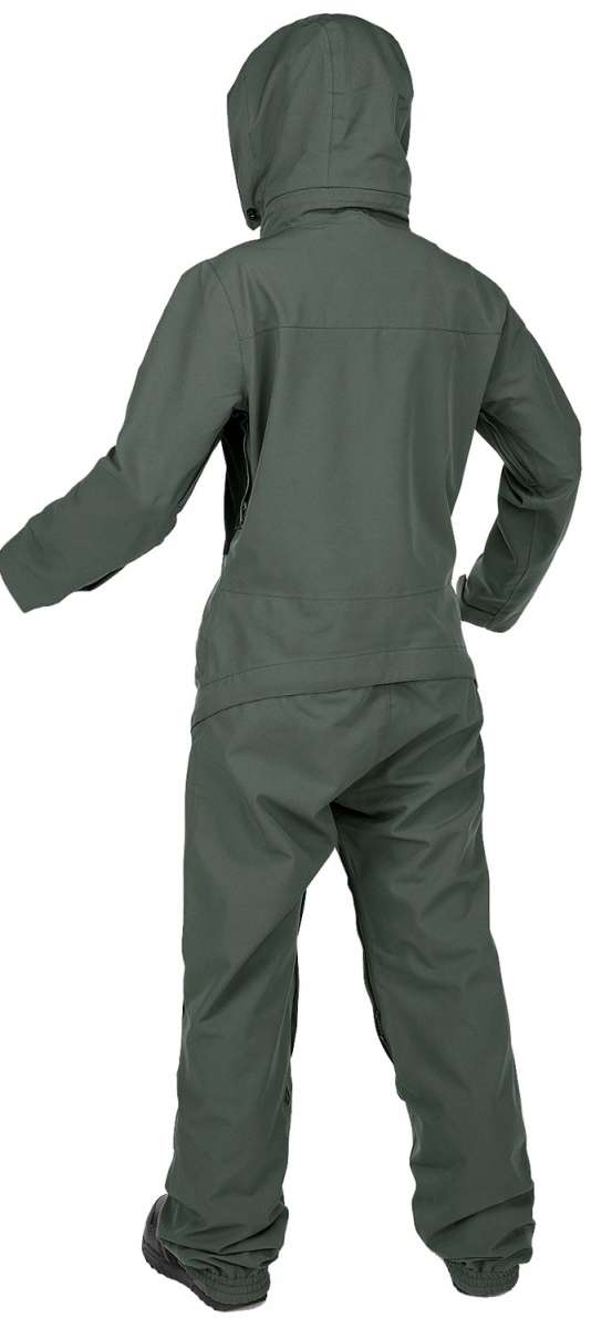 Volcom Women's Shiloh Snow Suit 2024 - Dark green snowsuit with a hood, zippered pockets and cuffs on sleeves and legs.