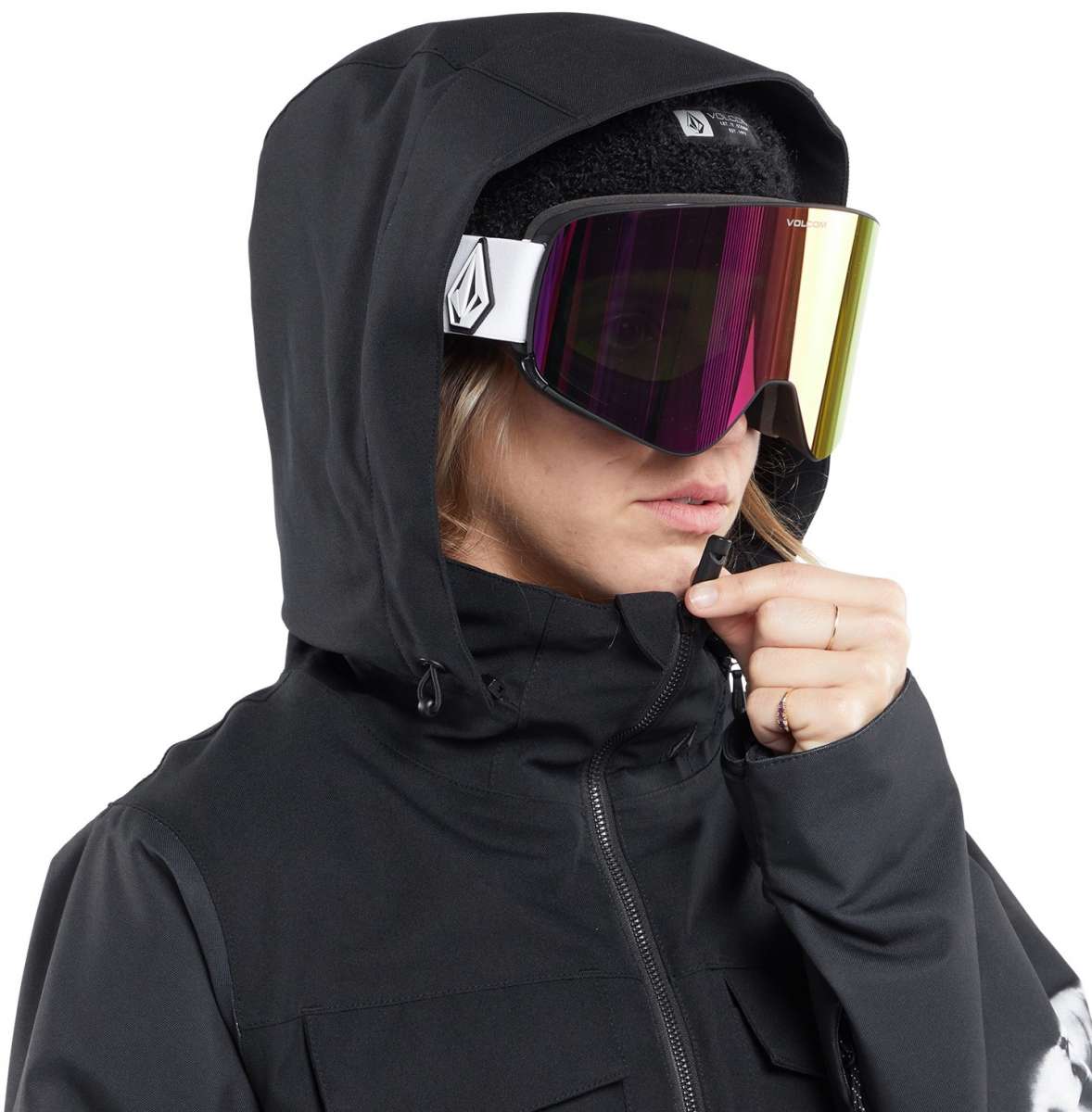Volcom Women's Shiloh Snow Suit 2024 - A black snow suit with a white logo on the left chest and a white stripe down the right arm.