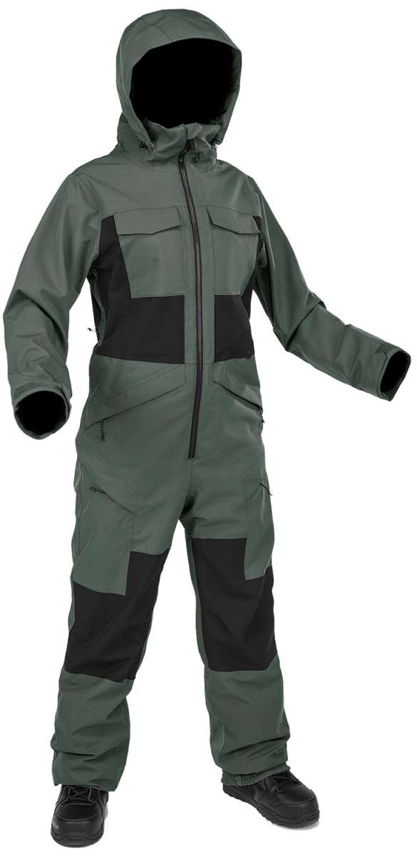 Volcom Women's Shiloh Snow Suit 2024 - Dark green snowsuit with black accents and a hood, featuring two chest pockets and one zippered pocket on the left thigh.