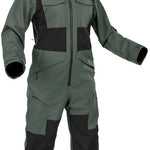 Volcom Women's Shiloh Snow Suit 2024 - Dark green snowsuit with black accents and a hood, featuring two chest pockets and one zippered pocket on the left thigh.