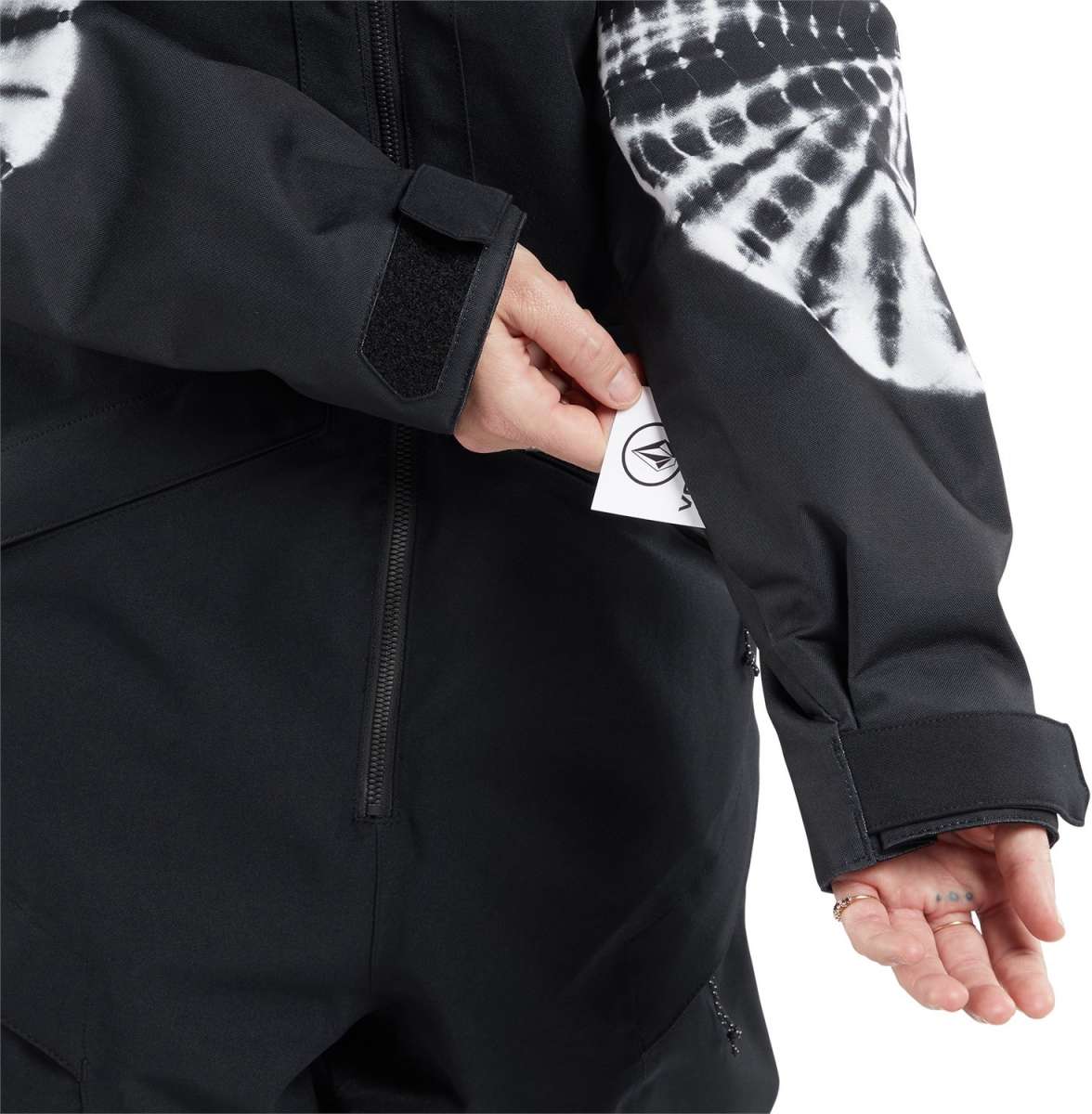 Volcom Women's Shiloh Snow Suit 2024 - Black snowsuit with white tie-dye pattern on sleeves and back.