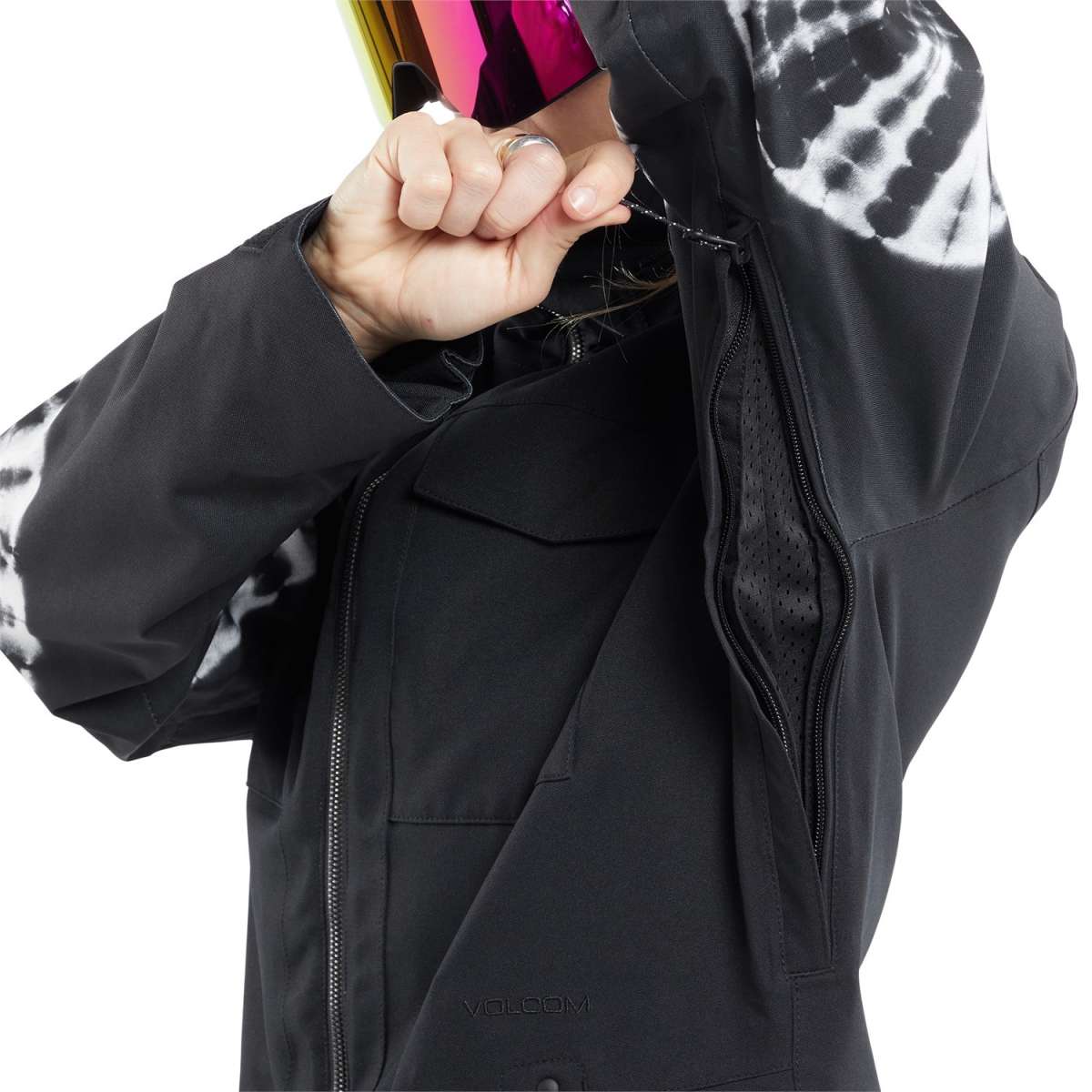 Volcom Women's Shiloh Snow Suit 2024 - A black snow suit with a tie-dye pattern on the hood and sleeves.