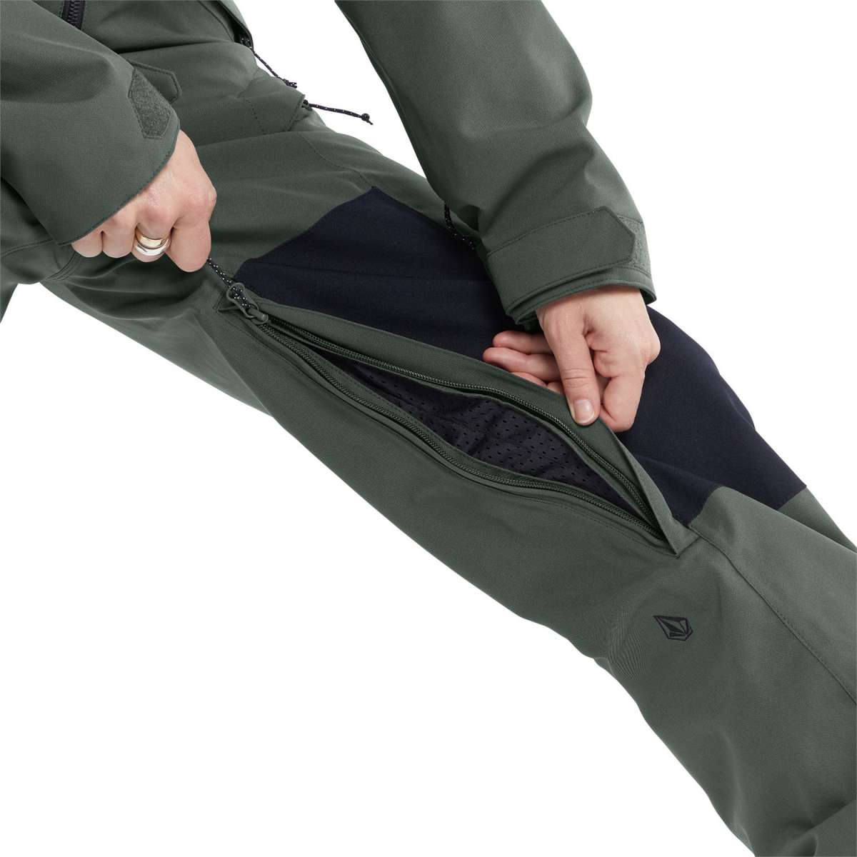 Volcom Women's Shiloh Snow Suit 2024 - Dark green snowsuit with black accents and a zippered front.