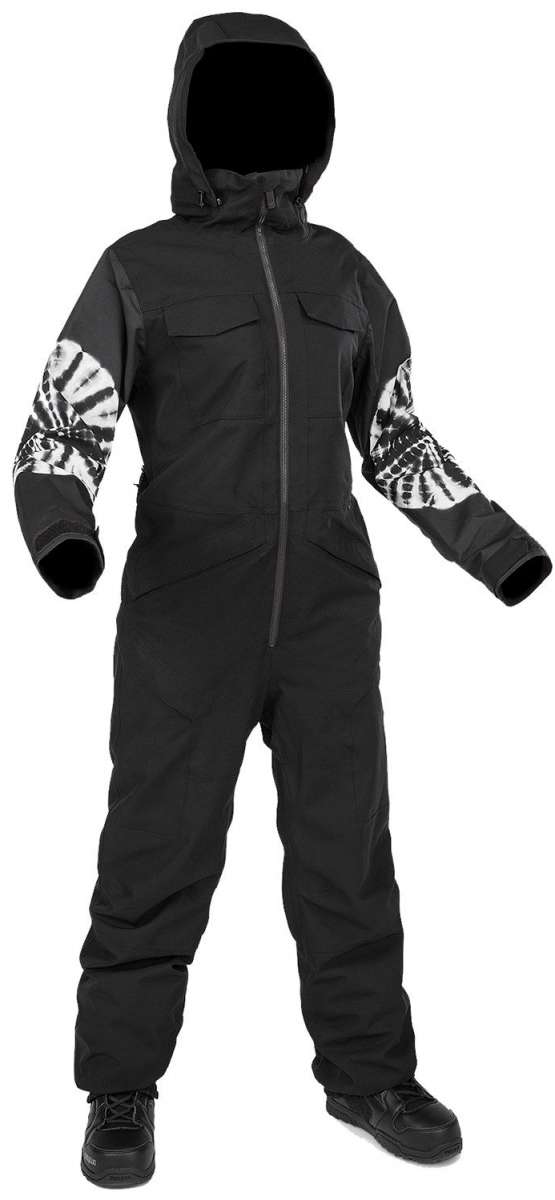 Volcom Women's Shiloh Snow Suit 2024 - Black snowsuit with white tie-dye pattern on sleeves and hood.
