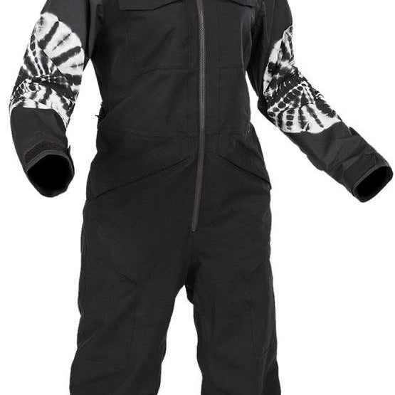 Volcom Women's Shiloh Snow Suit 2024 - Black snowsuit with white tie-dye pattern on sleeves and hood.
