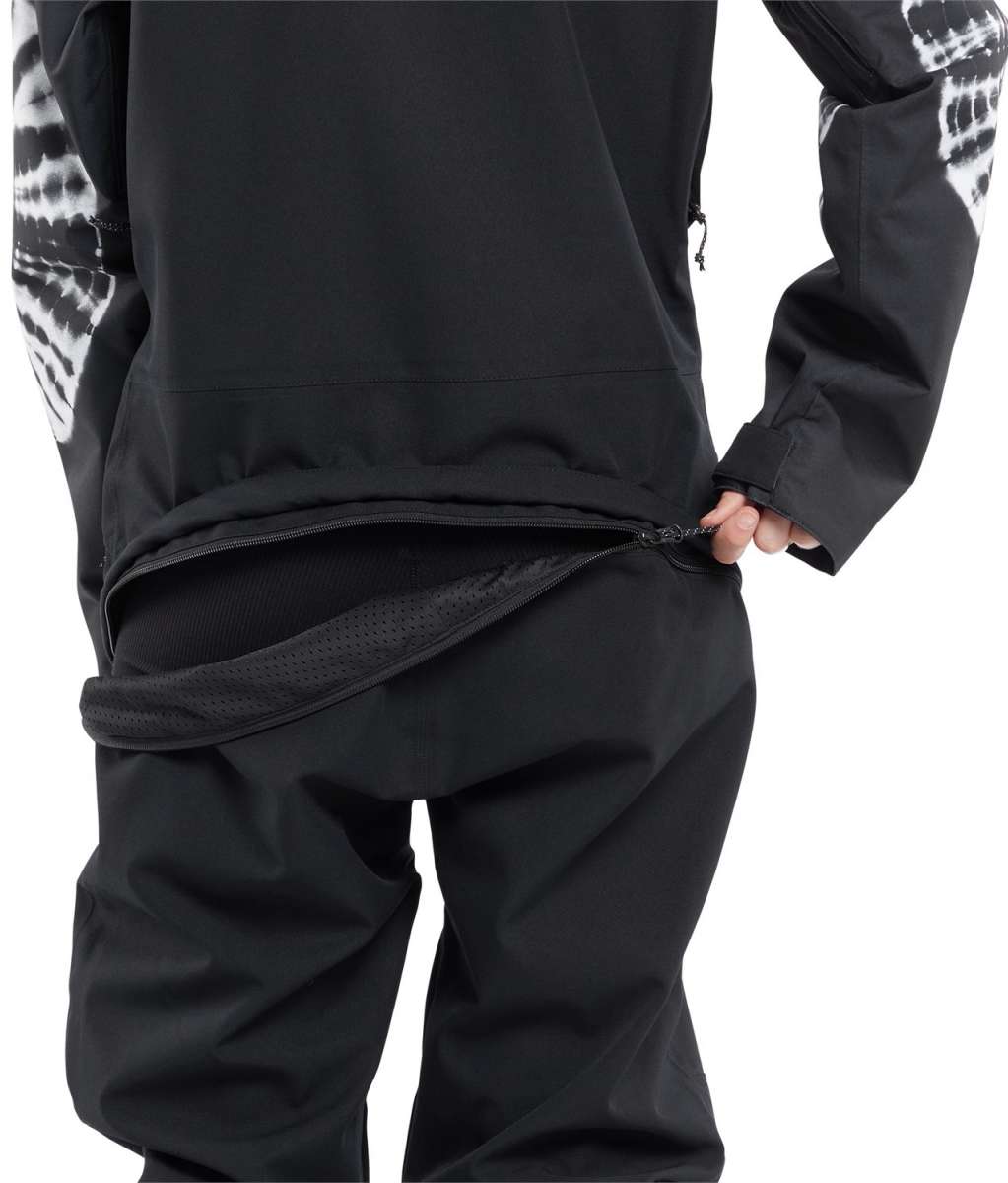 Volcom Women's Shiloh Snow Suit 2024 - Black snowsuit with white tie-dye pattern on sleeves and black logo on left chest.