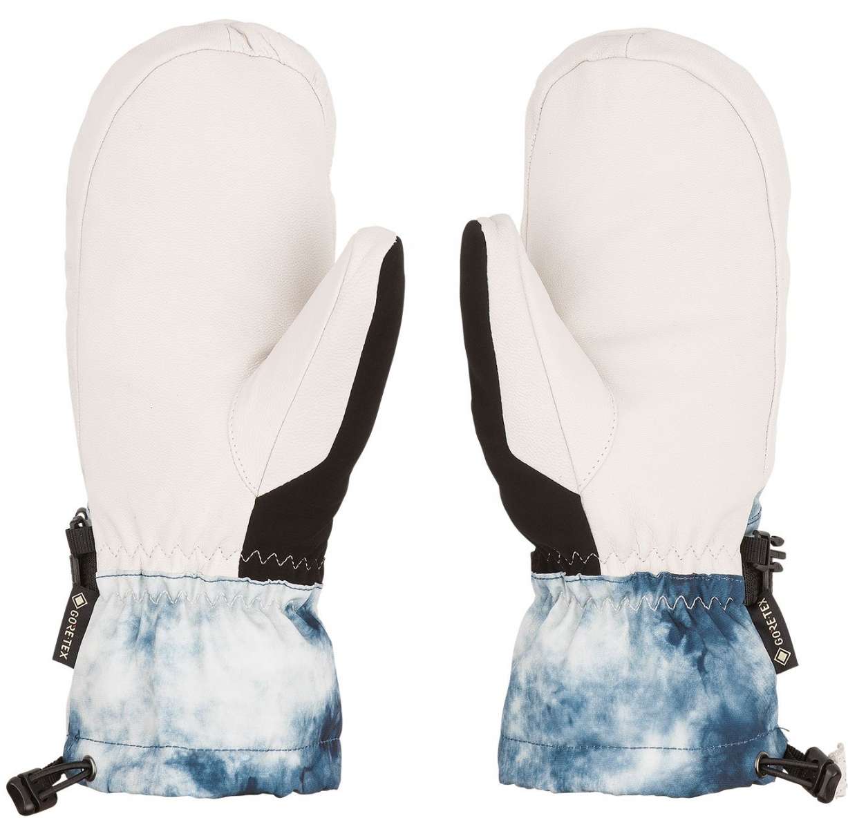 Volcom Women's Skye GORE-TEX Over Mittens - White mittens with black trim and a blue tie-dye pattern on the wrist cuff.