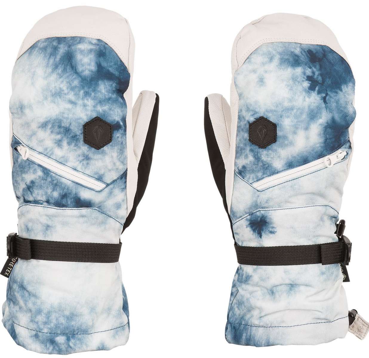 Volcom Women's Skye GORE-TEX Over Mittens - White mittens with a blue tie-dye pattern on the back of the hand and fingers.