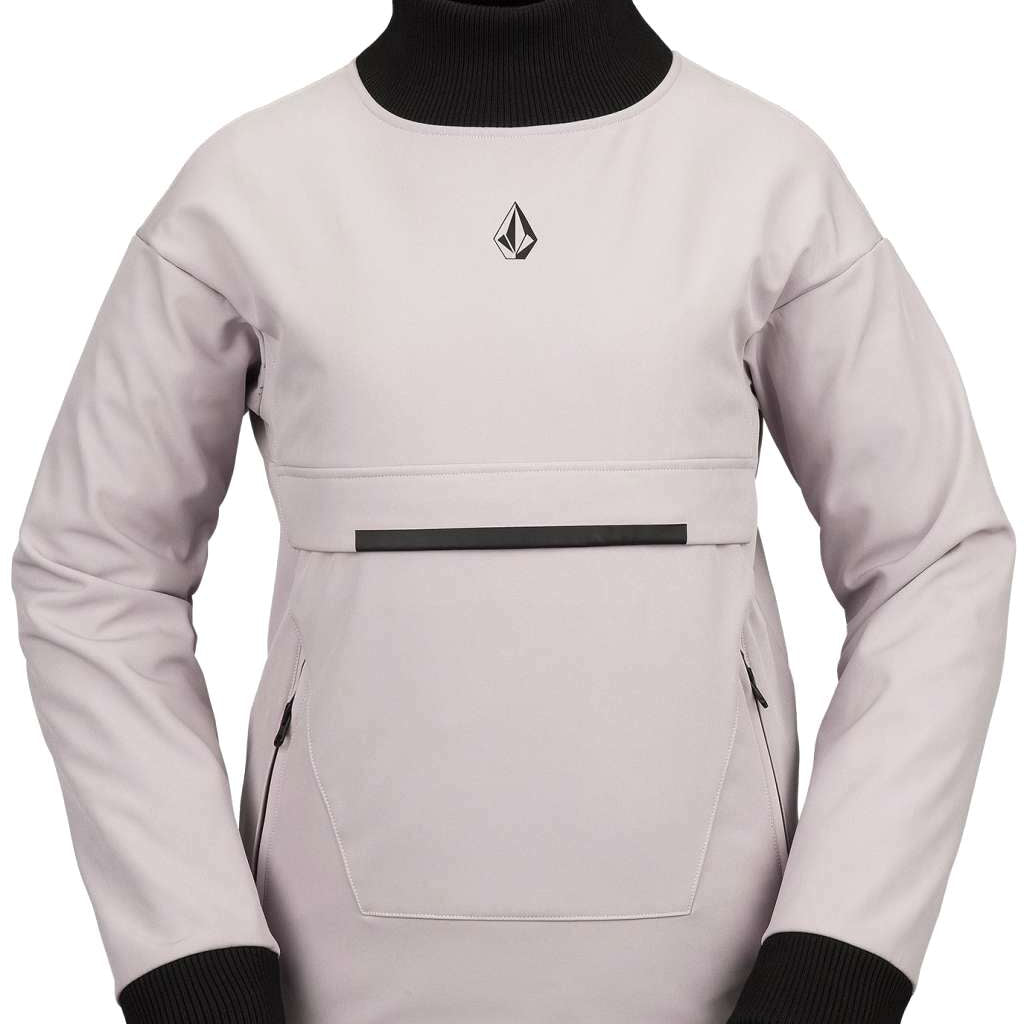 Volcom Women's Softshell Jacket 2023 - A light gray jacket with a black turtleneck collar and a small logo on the chest.