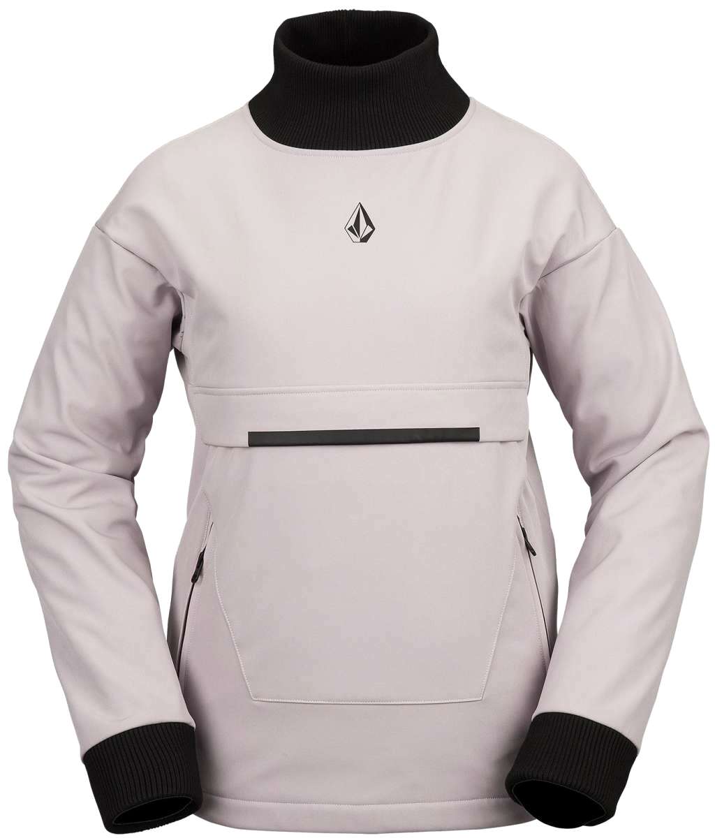 Volcom Women's Softshell Jacket 2023 - A light gray jacket with a black turtleneck collar and a small logo on the chest.