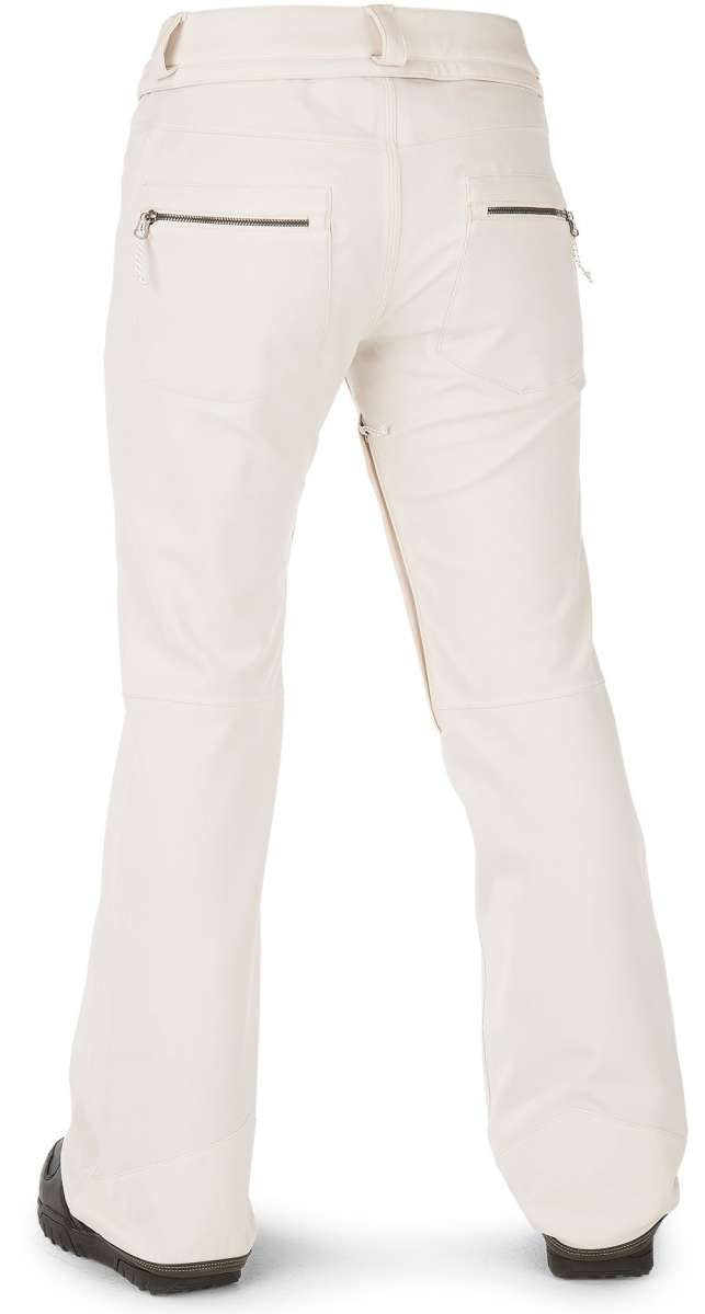 Volcom Women's Species Stretch Pant 2023 - A pair of white snow pants with zippered pockets and a belt loop on the back.