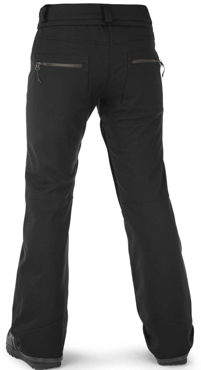 Volcom Women's Species Stretch Pant 2023 - Black pants with a zippered pocket on the back right side.