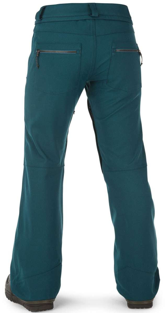 Volcom Women's Species Stretch Pant 2023 - A pair of dark green pants with zippered pockets and a belt loop on the back.
