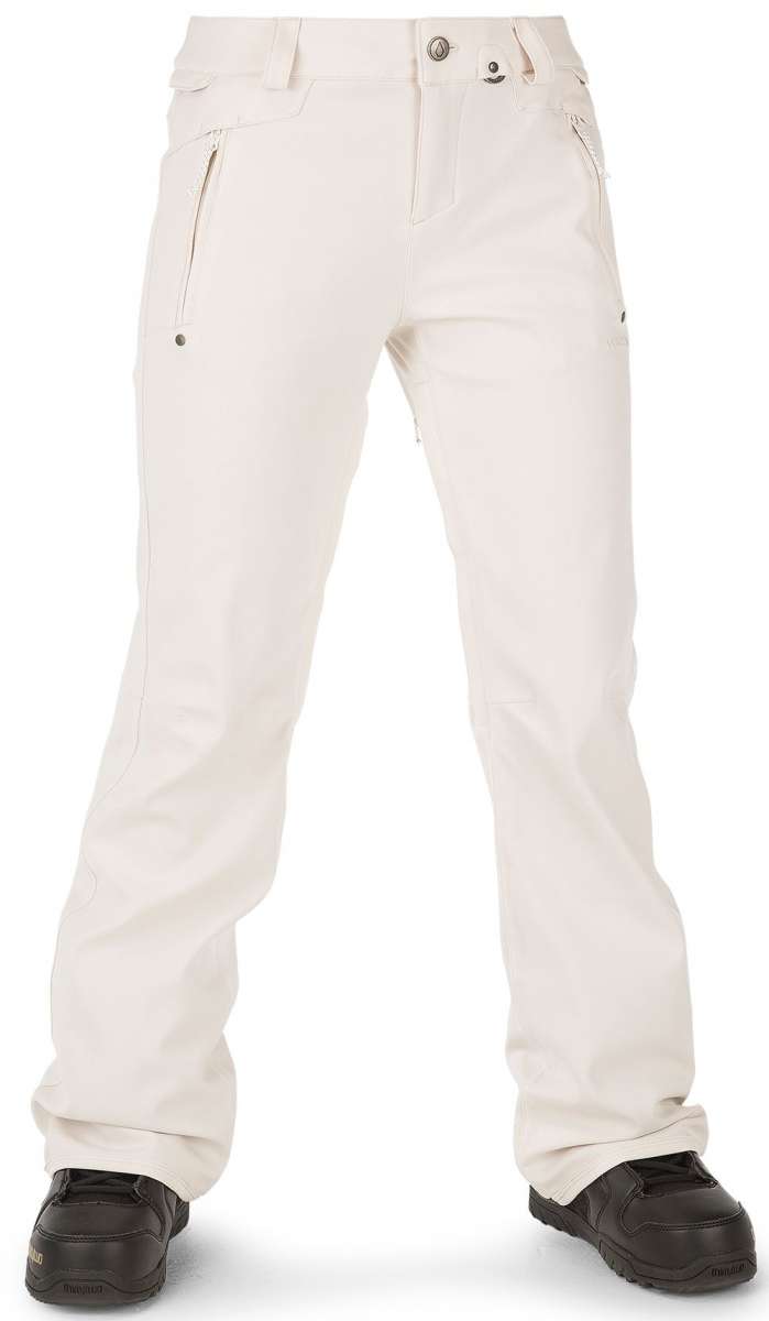 Volcom Women's Species Stretch Pant 2023 - A pair of white snow pants with a zippered pocket on the right thigh and two small black buttons at the top of each leg.