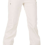 Volcom Women's Species Stretch Pant 2023 - A pair of white snow pants with a zippered pocket on the right thigh and two small black buttons at the top of each leg.