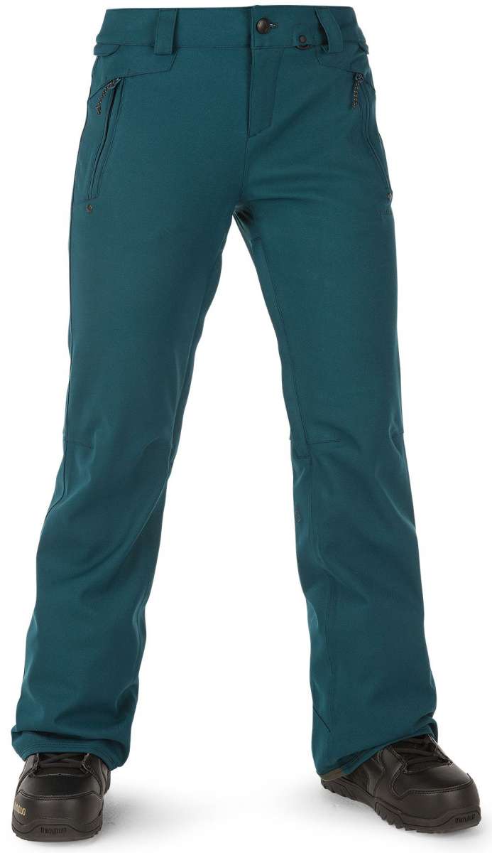 Volcom Women's Species Stretch Pant 2023 - A pair of dark green pants with zippered pockets and a belt loop on the waistband.