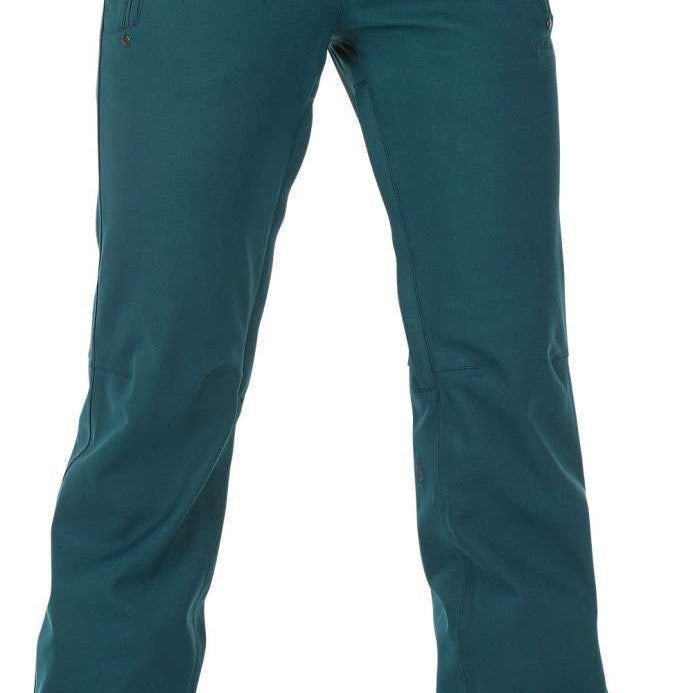 Volcom Women's Species Stretch Pant 2023 - A pair of dark green pants with zippered pockets and a belt loop on the waistband.