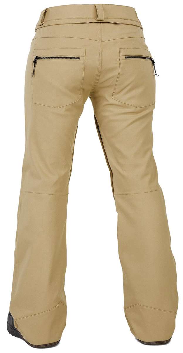 Volcom Women's Species Stretch Pant 2024 - Beige pants with a zippered pocket on the back right side.