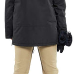 Volcom Women's Species Stretch Pant - Black snowboard pants with a subtle pattern of thin white lines on the upper thigh area.