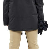 Volcom Women's Species Stretch Pant - Black snowboard pants with a subtle pattern of thin white lines on the upper thigh area.