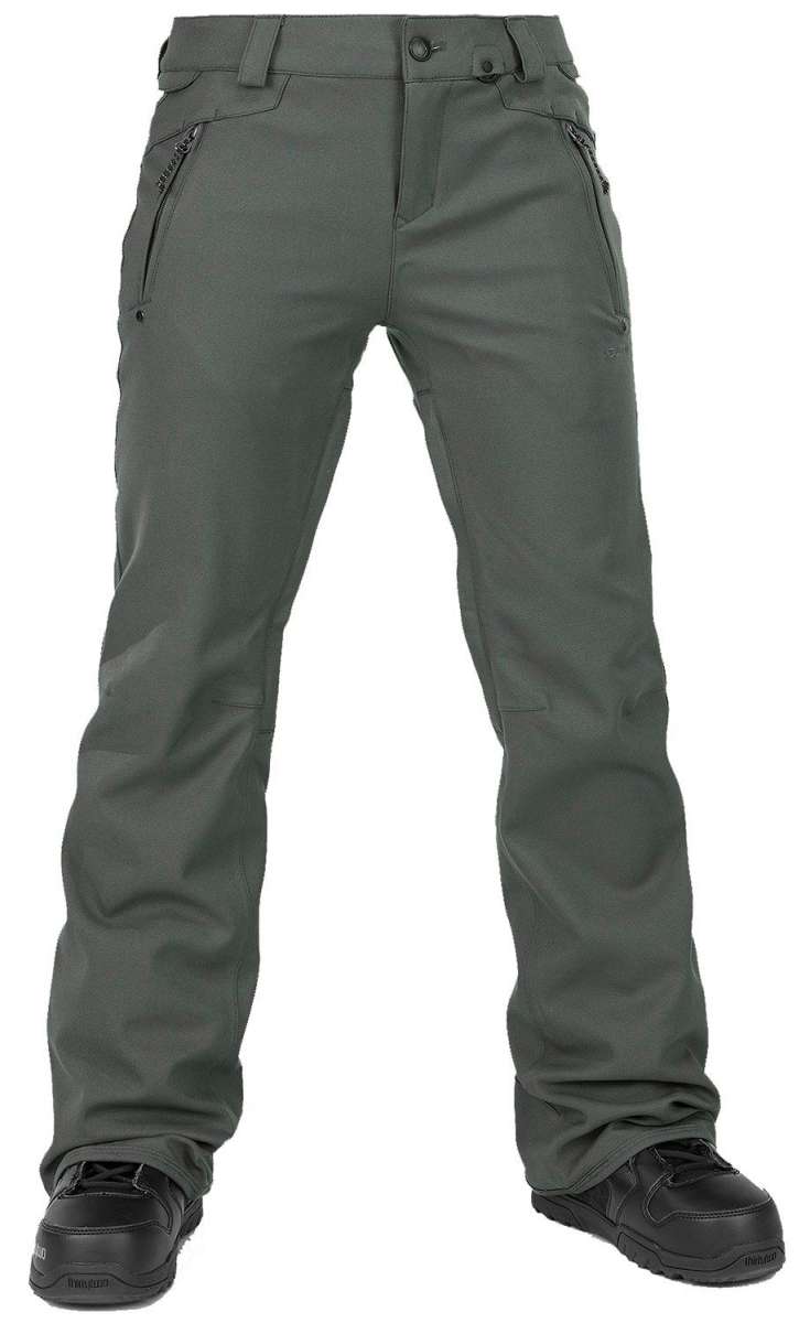 Volcom Women's Species Stretch Pant 2024 - A pair of olive green pants with zippered pockets and a belt loop on the waistband.