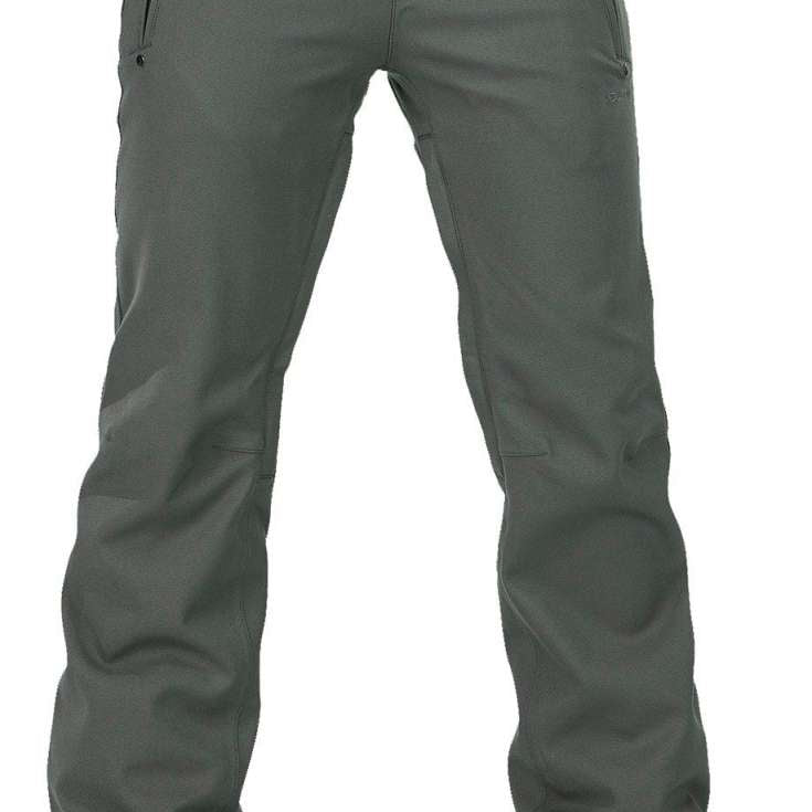 Volcom Women's Species Stretch Pant 2024 - A pair of olive green pants with zippered pockets and a belt loop on the waistband.