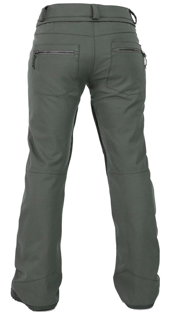 Volcom Women's Species Stretch Pant 2024 - A pair of olive green pants with a zippered pocket on the back right side.