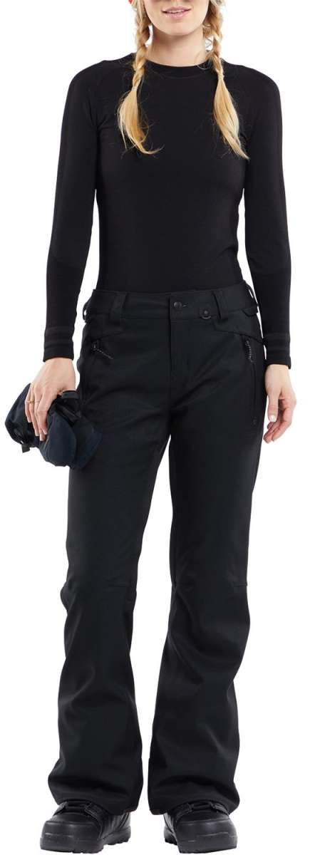 Volcom Women's Species Stretch Pant 2024 - Black snow pants with a subtle white stripe pattern on the side of each leg.