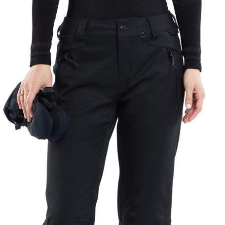Volcom Women's Species Stretch Pant 2024 - Black snow pants with a subtle white stripe pattern on the side of each leg.