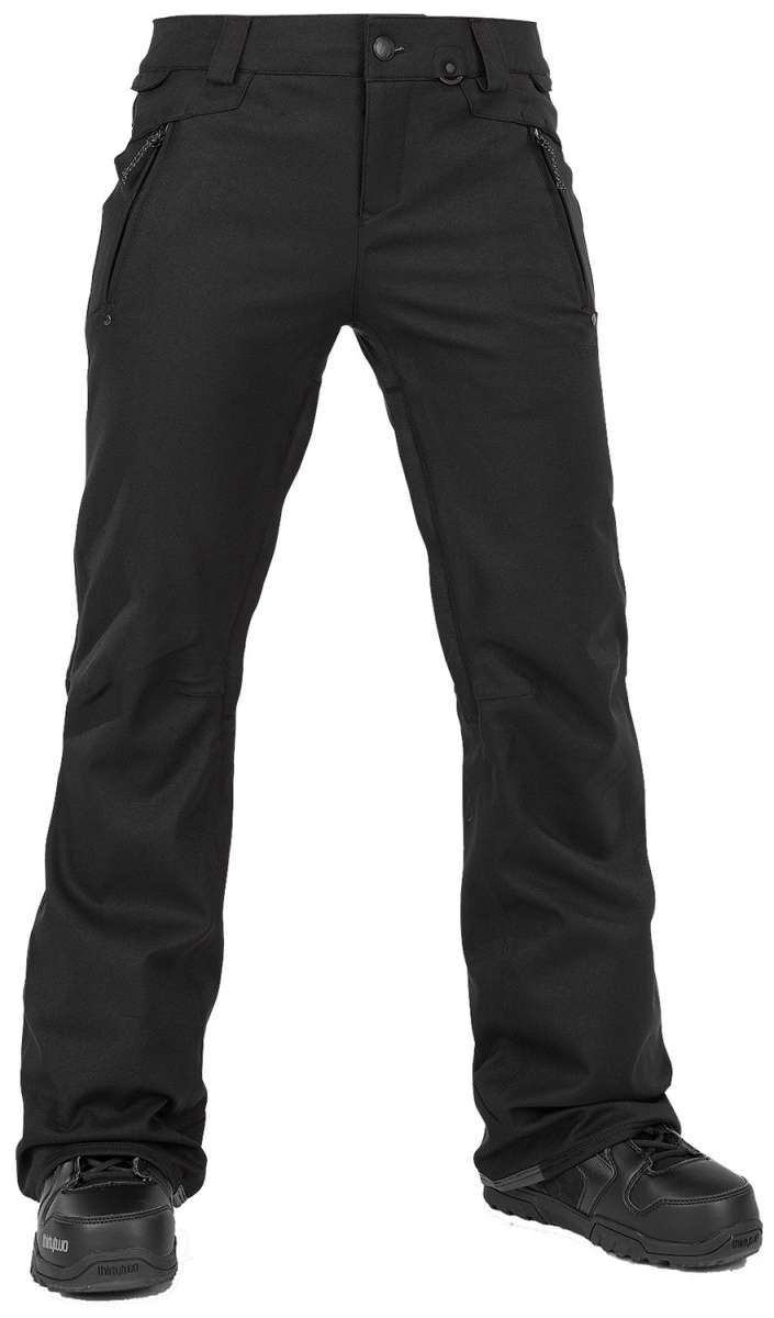 Volcom Women's Species Stretch Pant 2024 - Black pants with a subtle white pattern on the side pockets.