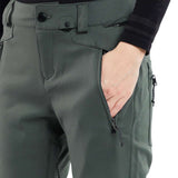 Volcom Women's Species Stretch Pant 2024 - A pair of olive green snow pants with zippered pockets and a black logo on the left thigh.