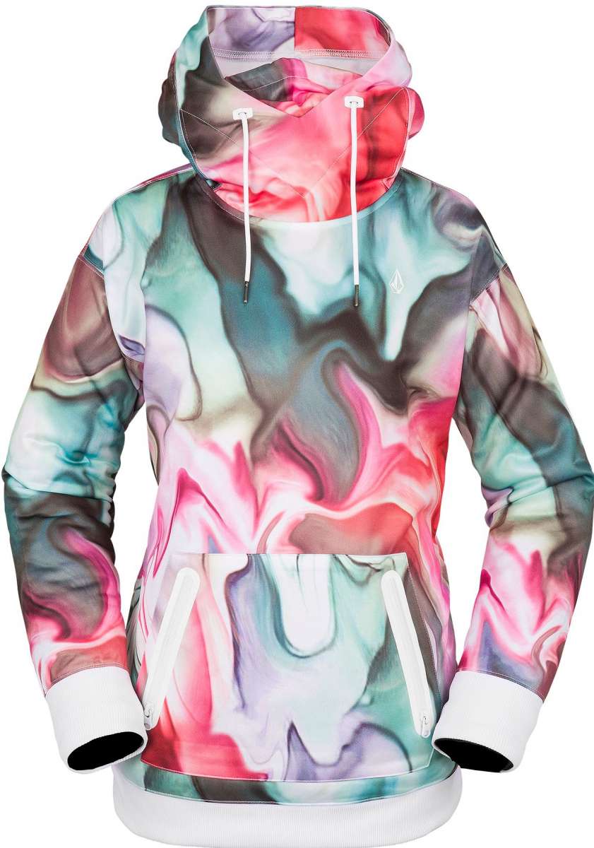 Volcom Women's Spring Shred Hoodie 2023 - A multicolored hoodie with a marbled pattern of pink, purple, and teal hues.