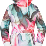 Volcom Women's Spring Shred Hoodie 2023 - A multicolored hoodie with a marbled pattern of pink, purple, and teal hues.