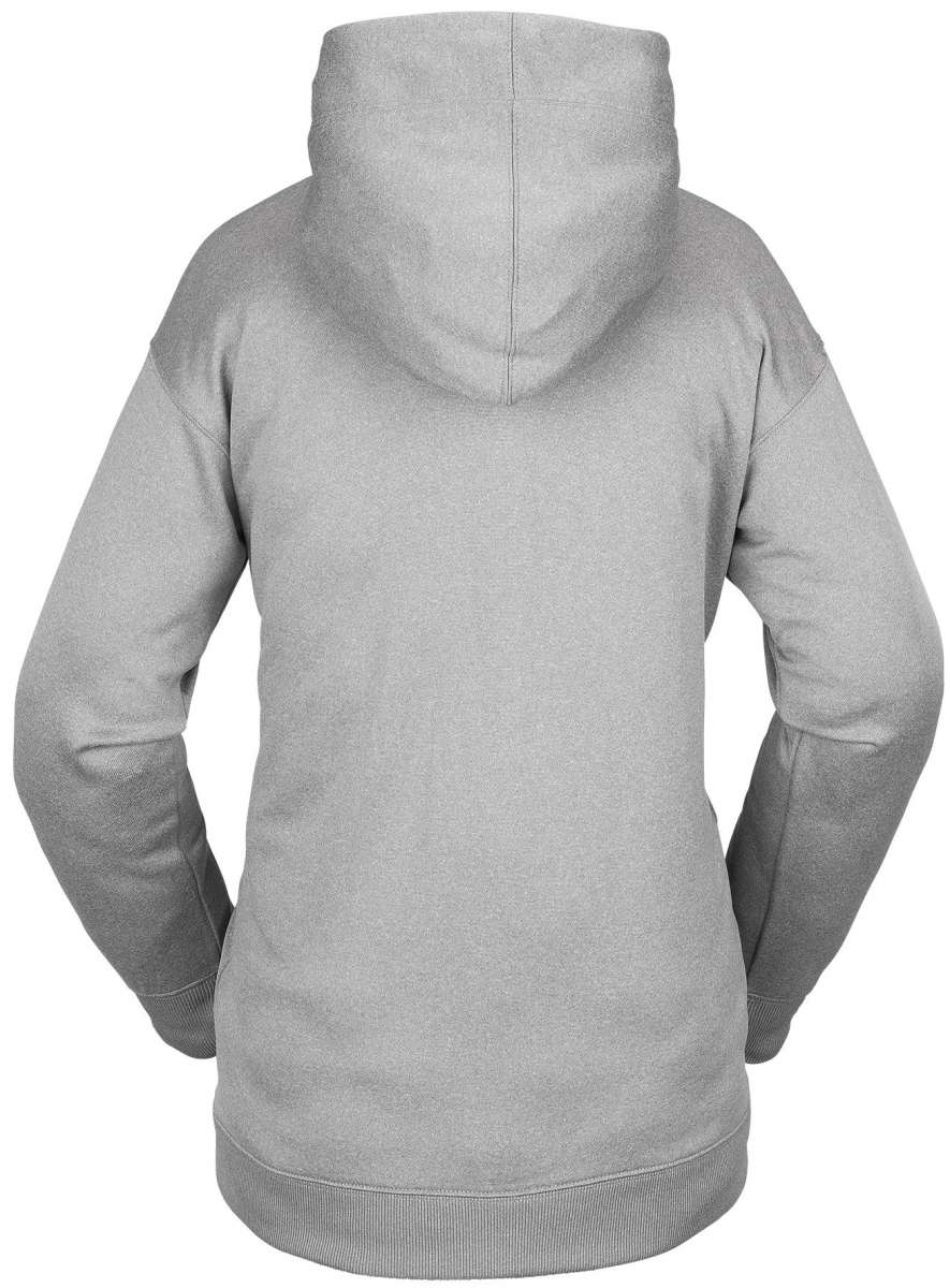 Volcom Women's Spring Shred Hoodie 2023 - A heathered grey hoodie with a kangaroo pocket and drawstring hood.