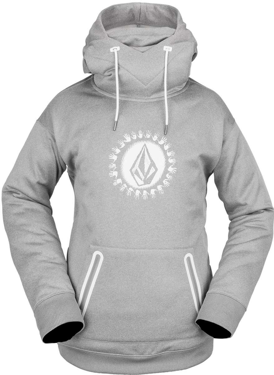 Volcom Women's Spring Shred Hoodie 2023 - A light gray hoodie with a white logo featuring a stylized "V" and a circle of small handprints around it.