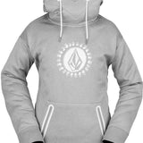 Volcom Women's Spring Shred Hoodie 2023 - A light gray hoodie with a white logo featuring a stylized "V" and a circle of small handprints around it.