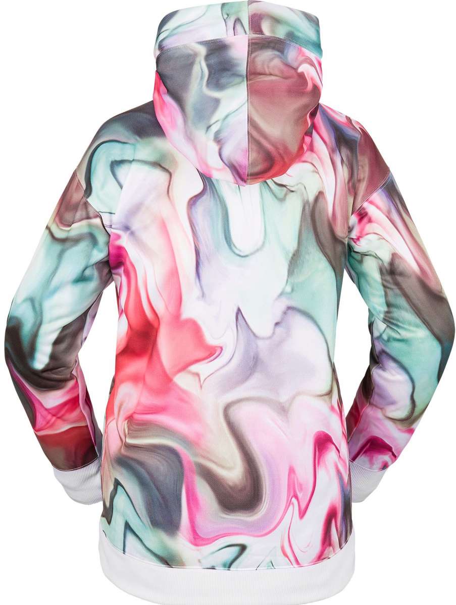 Volcom Women's Spring Shred Hoodie 2023 - A multicolored hoodie with a marbled pattern of pink, green, and gray swirls on a white background.