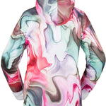 Volcom Women's Spring Shred Hoodie 2023 - A multicolored hoodie with a marbled pattern of pink, green, and gray swirls on a white background.