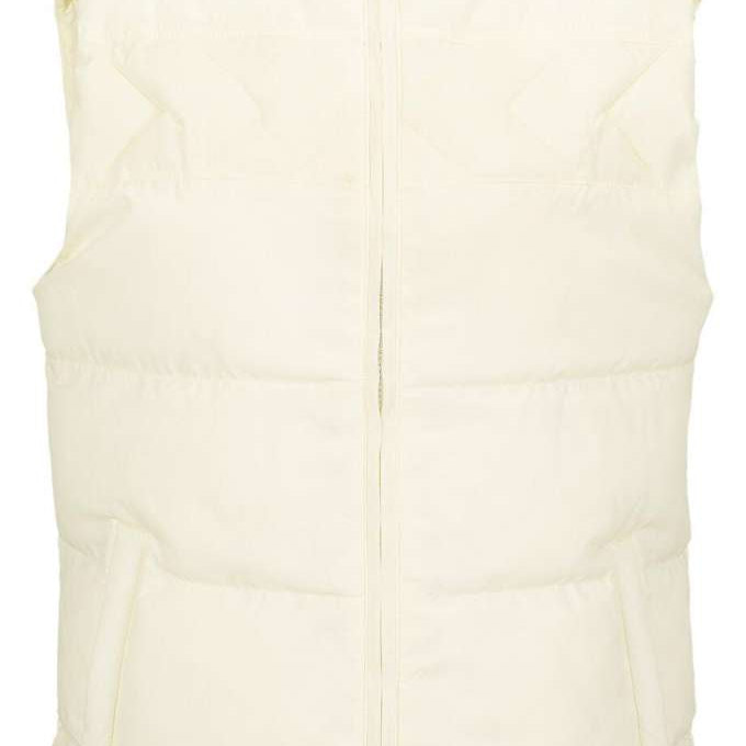 Volcom Women's Stone Castine Puff Vest 2024 - A cream-colored puffer vest with a high collar and zippered front.