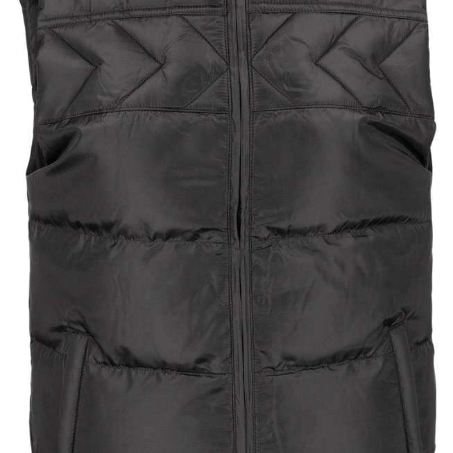 Volcom Women's Stone Castine Puff Vest 2024 - A black puffer vest with a high collar and quilted pattern on the front.