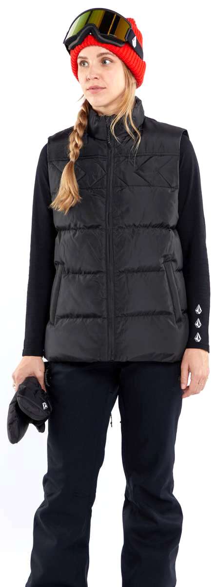 Volcom Women's Stone Castine Puff Vest 2024 - Black quilted vest with geometric pattern on front and back, solid black interior lining.
